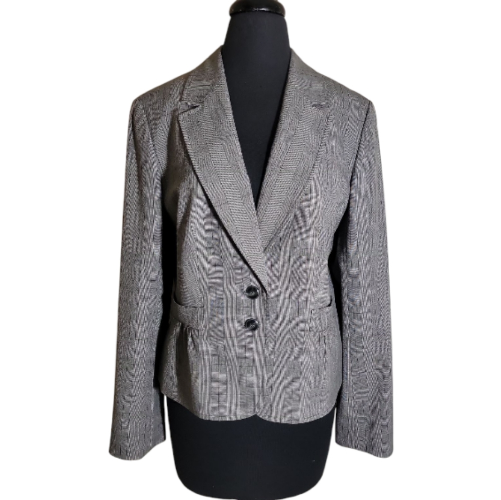 Nine West gray white purple plaid peplum blazer v neck button front Size 12